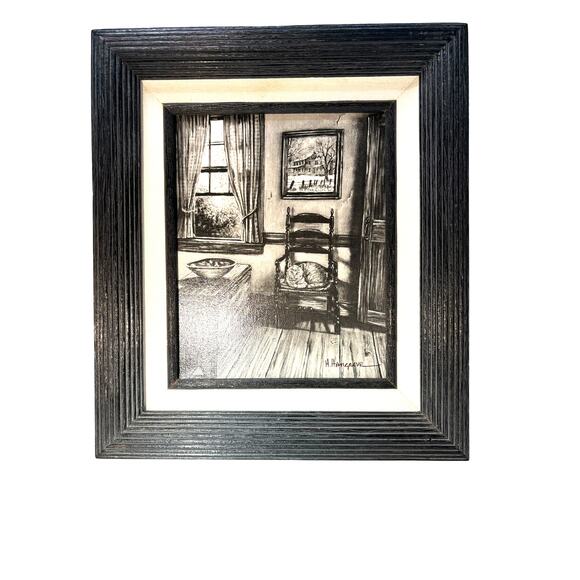 H Hargrove Signed Serigraph Black & White Cat in Chair Farmhouse 8x10" Fine Art - Picture 1 of 7
